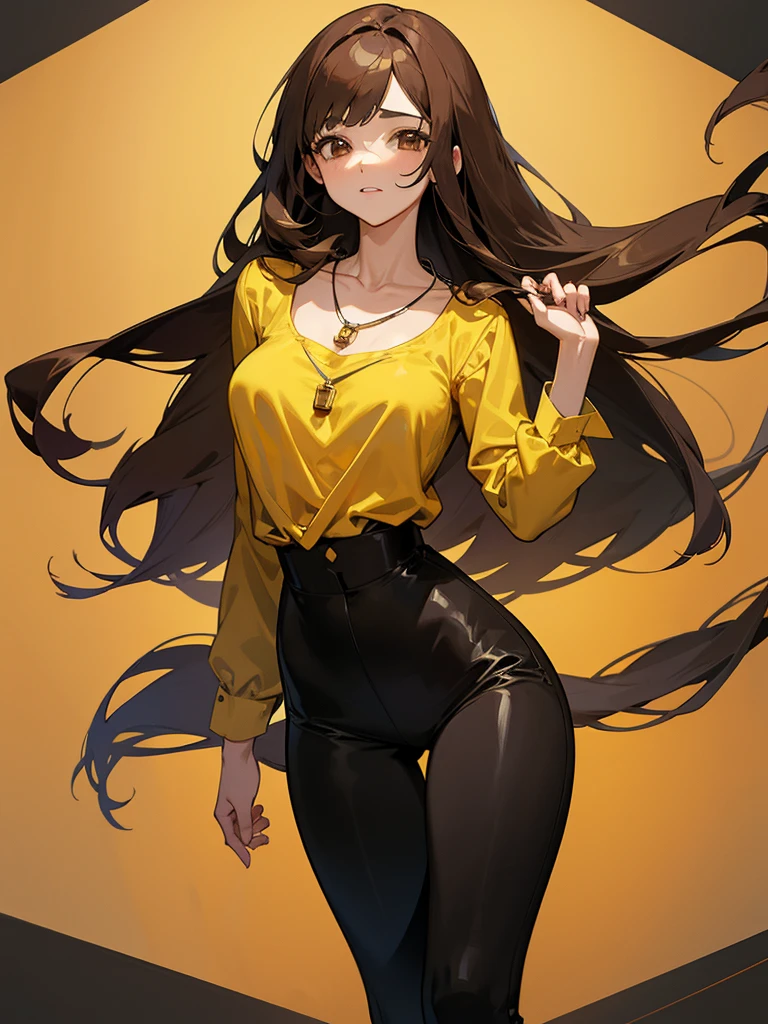 brunette girl, Latin American, 160cm tall, She is wearing a yellow blouse that is very tight to her body., with long black pants tight to his body, with a necklace that has a charm in the shape of an electrocardiogram, super straight hair, Brown eyes, without glasses, who likes literature and is a professor of this same area.