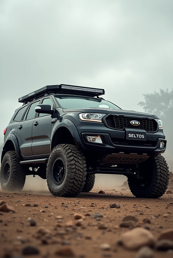 Black Kia seltos with offroad tyres, badass look, rough and tough
