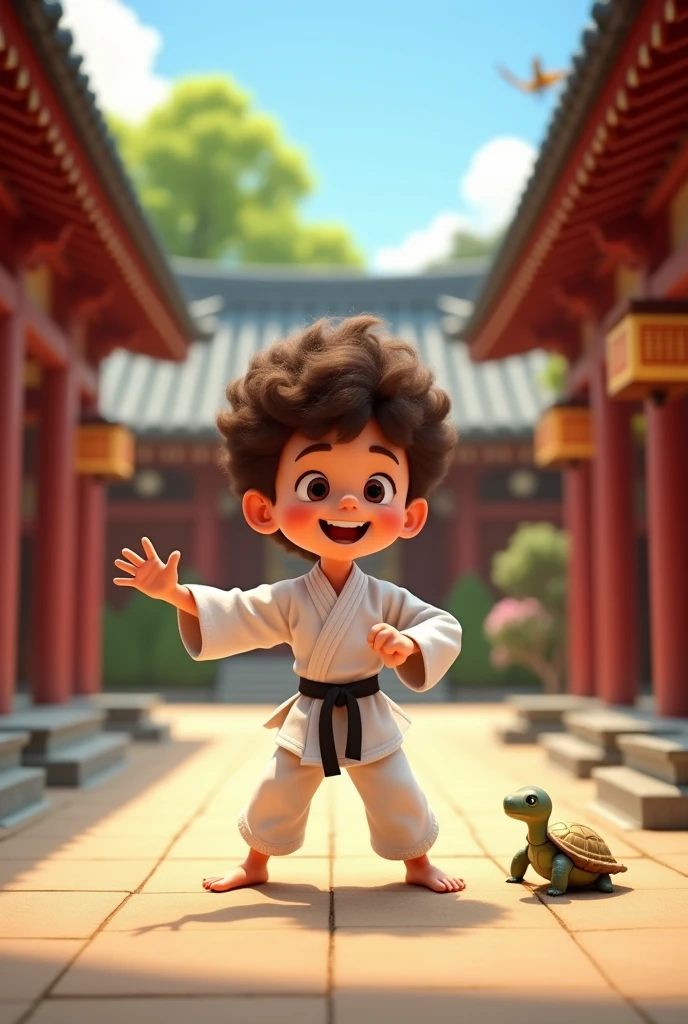 Pixar-type cartoon of a boy with curly brown hair who is practicing karate in a Japanese temple. The boy is practicing different karate poses. The title shows Derek's name.