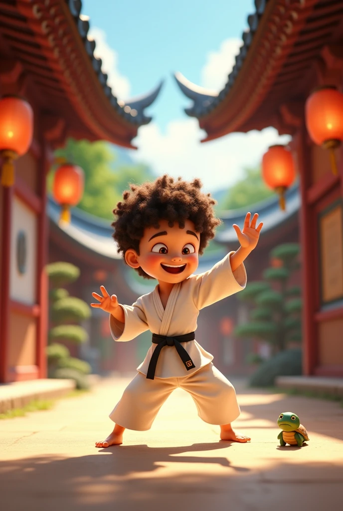 Pixar-type cartoon of a  boy with curly brown hair who is practicing karate in a Japanese temple. The boy is practicing different karate poses. The title shows Derek&#39;s name.