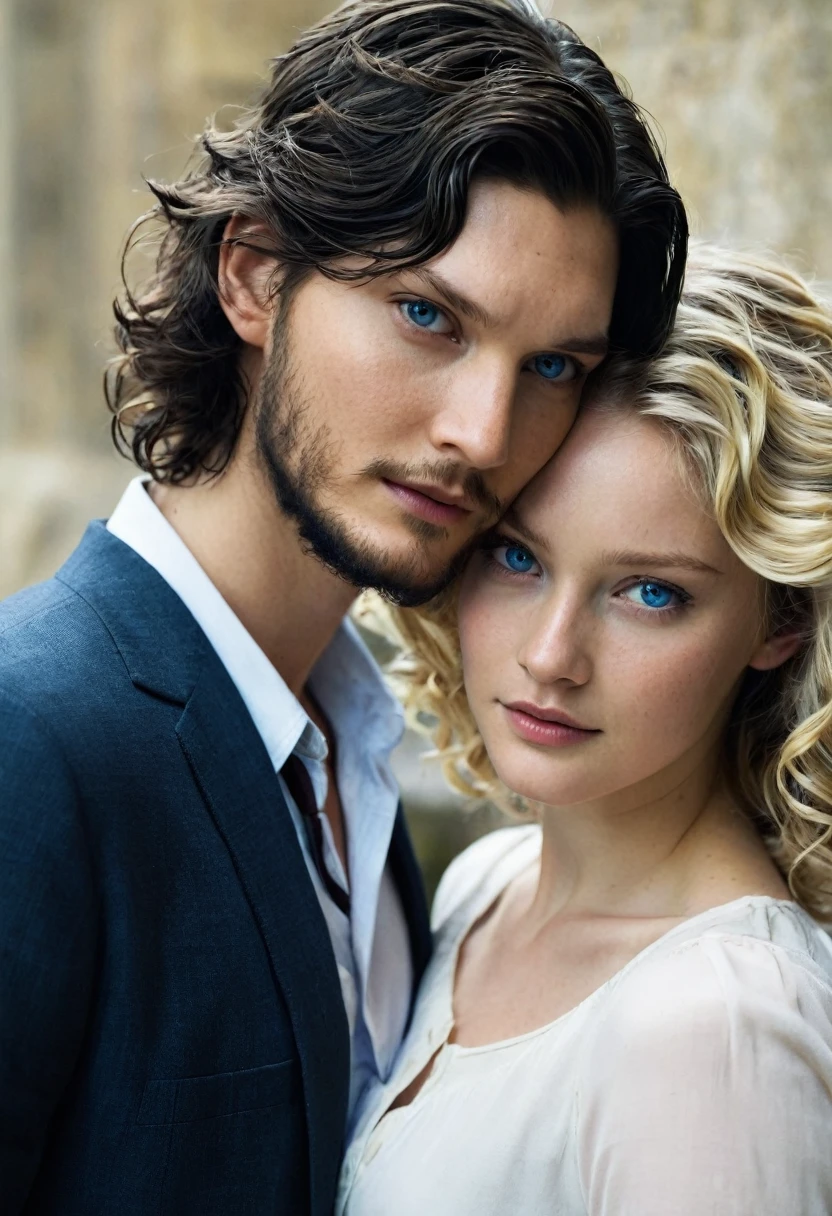 A beautiful female character. The girl is a student. She has long blonde curls and beautiful blue eyes. The second character is a bruising man. Beautiful. Dark hair. Short beard. He looks like actor Ben Barnes. Making love.