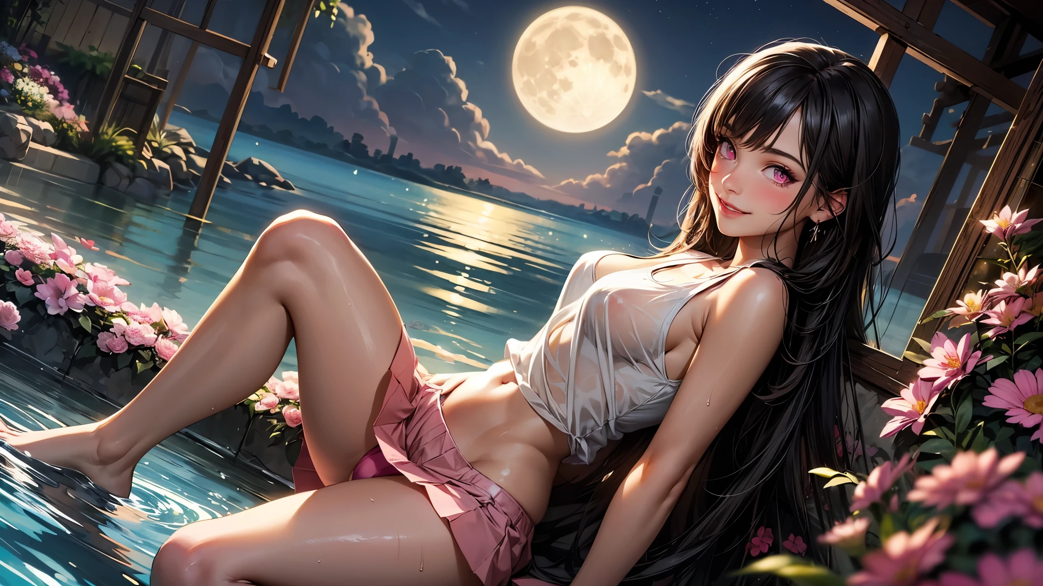 realistic, 1 girl,  long hair, pink eyes, glowing eyes, tank top, see through, mini skirt, big smile, blush, night, perfect, flowers, moon, camel toe, wet, naked girl,