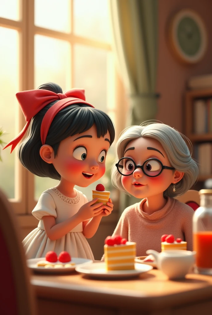 a girl, white dress with red ribbon on her head eating a piece of cake at the table next to a woman with white hair and glasses, 3D cartoon style, cinematic