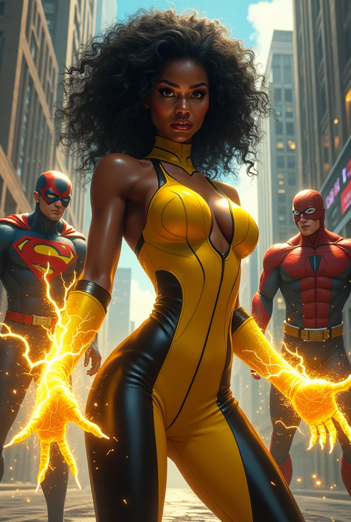 A Sultry and Beautiful young black woman with a soul of pure evil and hatred. A short thin woman ebon black curly hair, wearing a tight yellow and black skintight costume with electricity crackling across her fingertips. She is attacking costumed heroes in the city with her electric blasts. A sinister scowl crosses her glossy black lips.