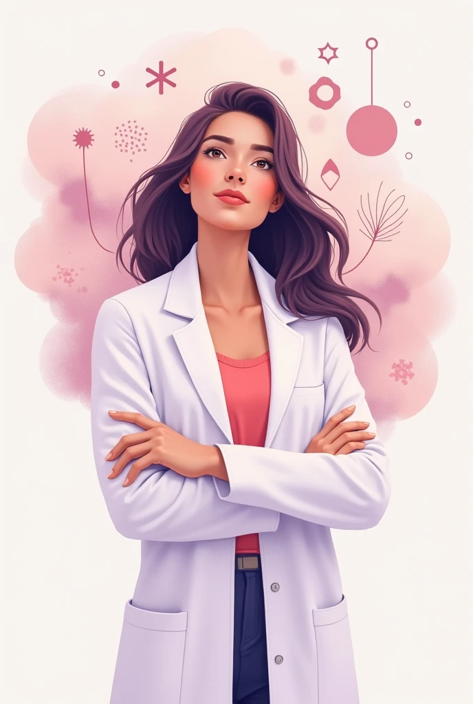 Create a vector image of a very tender female psychologist looking ahead dressed in a white coat and in the background a cloud of ideas with elements related to psychology using pink and lilac tones