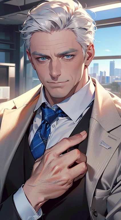 (best quality,4k,8k,highres,masterpiece:1.2),ultra-detailed,(realistic,photorealistic,photo-realistic:1.37),1 man,3,mature man,very handsome,without expression,smile,short grey white hair,blue eyes,penetrating gaze,perfect face without errors,imposing posture,businessman,office background,cinematic lighting,hdr image