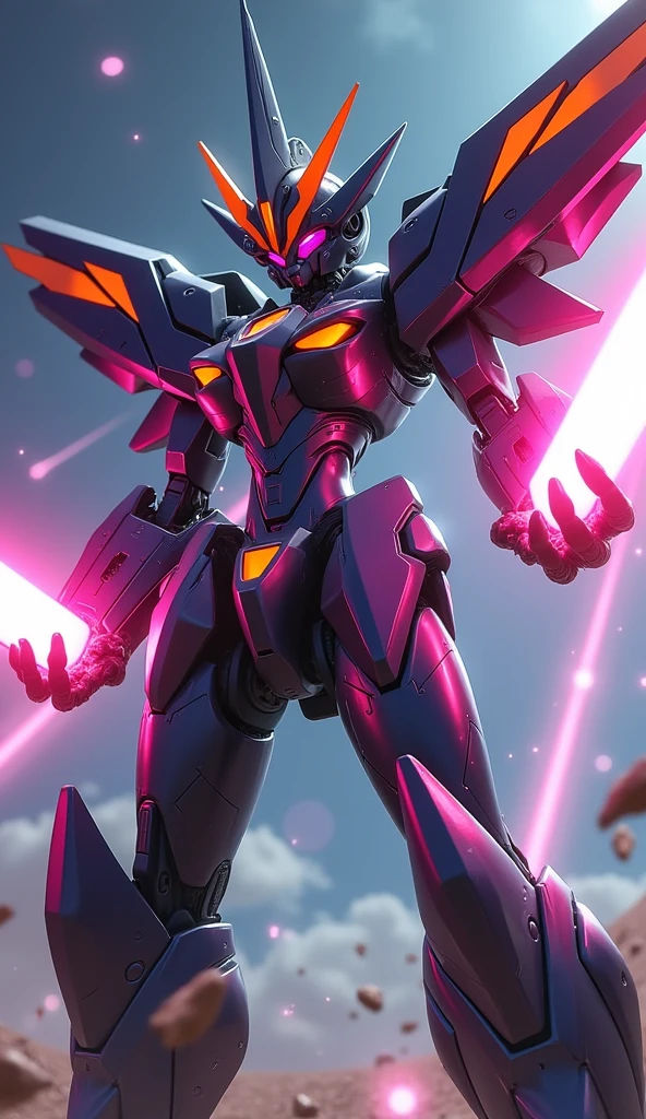 anime, Giant Robot, A dynamic full-body image of a black and orange-pink female super robot fighting with lasers coming out of her palms Simple Background,universe,