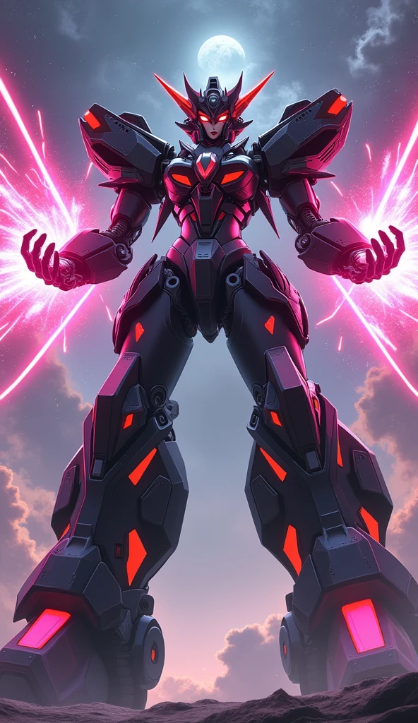 anime, Giant Robot, A dynamic full-body image of a black and orange-pink female super robot fighting with lasers coming out of her palms Simple Background,universe,