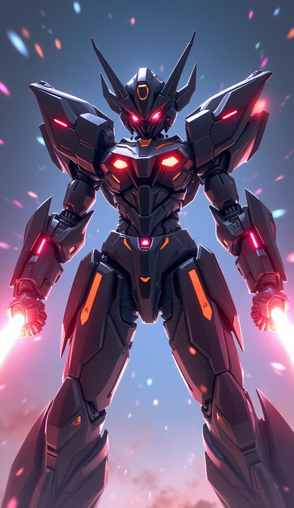 anime, Giant Robot, A dynamic full-body image of a black and orange-pink female super robot fighting with lasers coming out of her palms Simple Background,universe,