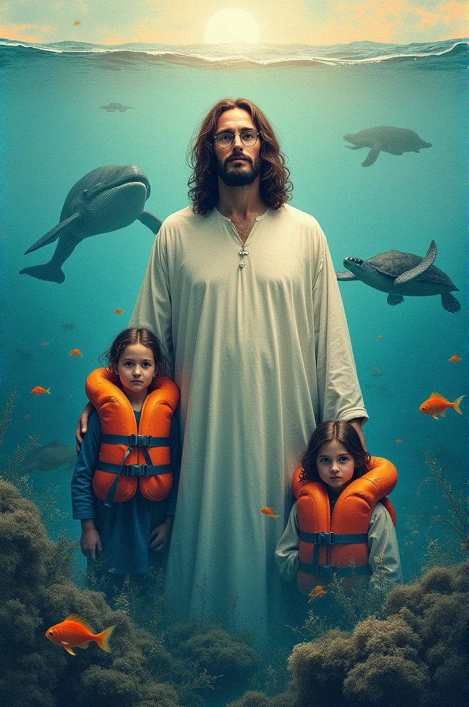 Create a themed shirt design : Jesus our slave-life.
Put Jesus in drawing, dress without glasses, and 2 children with floats, I want them in the sea, put whale, turtle and fish.
I want a blended background
