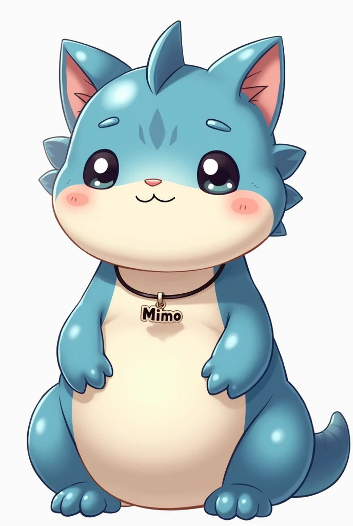 Create a cute, fat, blue and white dragon mascot sitting in an anime cartoon image. It looks like a cute cat. It is a png image without horns. It has a necklace with the word Mimo hanging from it. It has a round body.