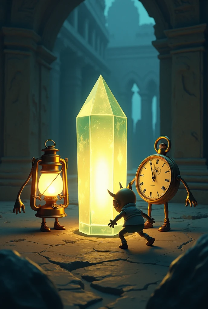 A dark background with a slight glow that imitates the light of an ancient temple.
Main elements:
Crystal of Dawn: Bright and in the center of the cover, with rays of light emanating from it.
Lumi the Lantern: On the left, illuminating the glass with its light, showing their excitement and determination.
Tick the Pocket Watch: On the right, with an expression of warning or concentration, perhaps with its second hand moving.
Edge el Clip: In the lower right corner, trying to grab the glass, with an expression of greed or determination.