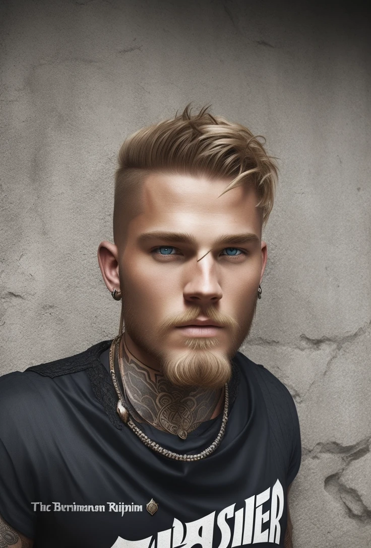 A blonde Viking warrior with a beard, shaved hair on the sides, tribal tattoos, a tribal necklace, blue eyes, a muscular young man, bonitas, heroic, Realistic, Charismatic, lot of details, Fantasy Medieval Realism Theme, Cinematic lighting, super detaill