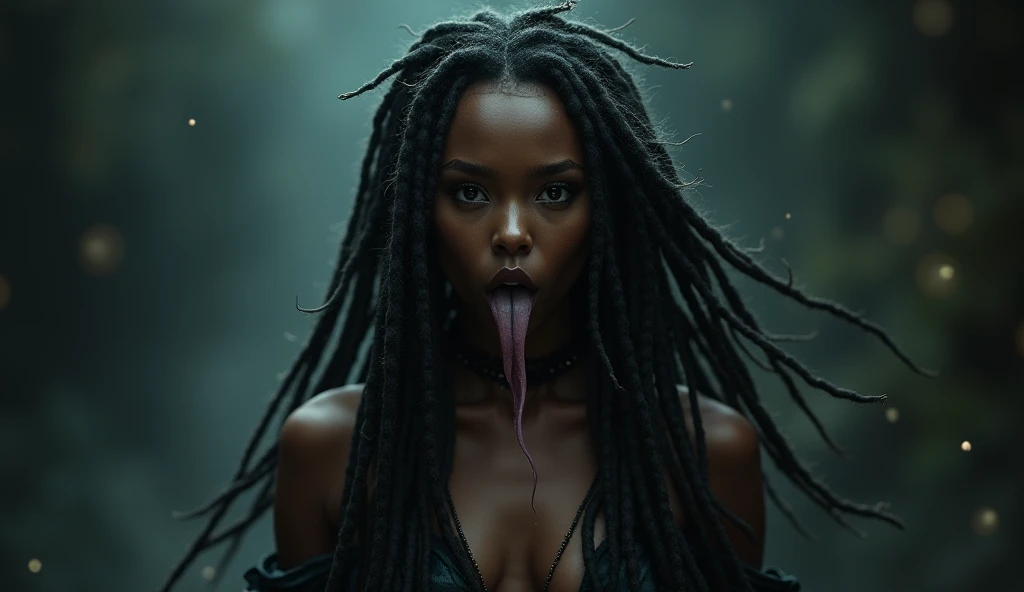 black girl with dreads with no clothes and a long tongue