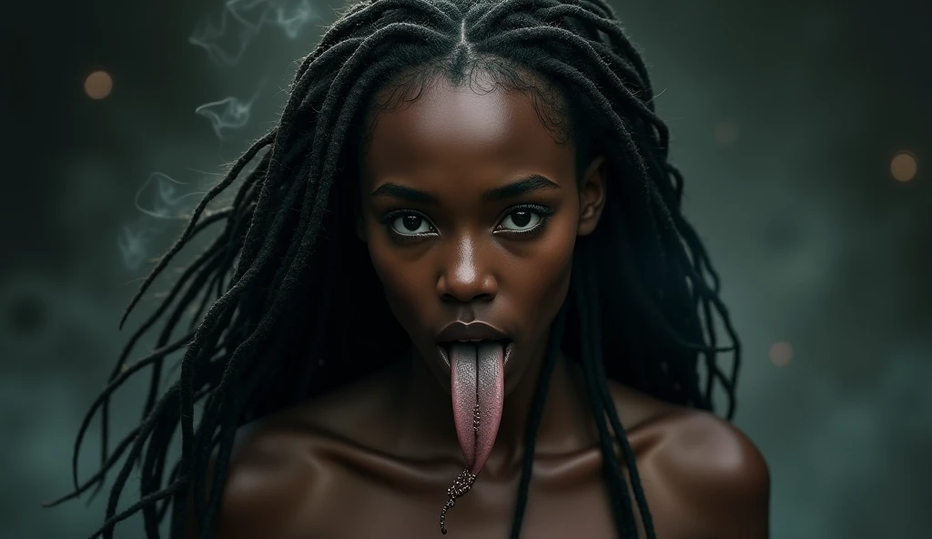 black girl with dreads with no clothes and a long tongue