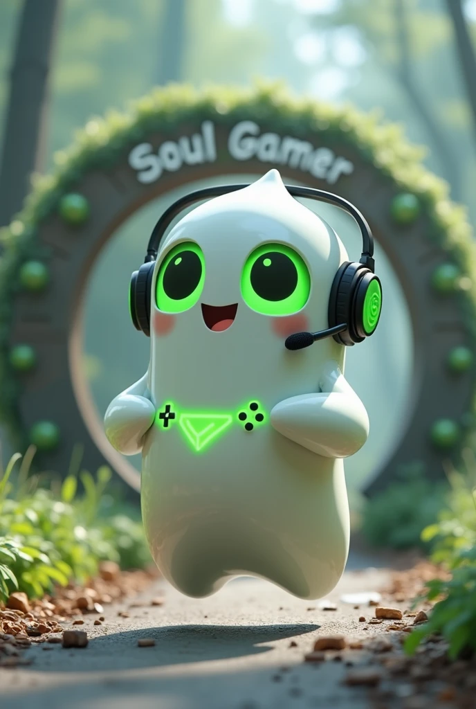 Create a medium-sized robot pet with a ghost-like appearance. Resembling a drop. On his hands he has five well-defined fingers. His facial expression has large, green eyes with a glow, conveying a friendly and cheerful expression. He has a small open mouth with a happy smile and flushed cheeks.. Its body is white with small green details and a smooth, slightly shiny texture.. He has a headset on his head with an adjustable microphone positioned close to his mouth.. And on his chest you can see the illuminated shape of a Playstation 5 controller in fluorescent green.. It floats in the air, as if he were ready for an adventure. Behind the character you can see a portal and on it is written "Soul Gamer"