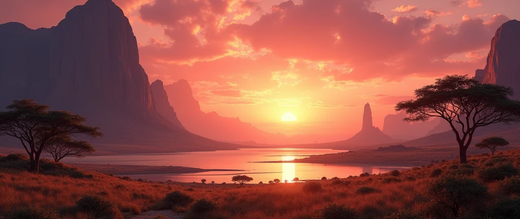 A scenic landscape of the African wilderness, a beautiful sunrise over a tranquil lake, peaches on one side of the scene, dramatic cinematic lighting, majestic rock formations, no animals or evil, breathtaking view, extreme detail, (best quality, 4k, 8k, high definition, masterpiece: 1.2), extreme detail, (realistic, realistic, photorealistic: 1.37), dramatic lighting, cinematic composition Pixar style close to the Lion King animation The land area is larger than the lake Trees and rocks Attention to precise theatrical perspective High quality on the scale of theatrical design Clear details Greek character dominates the place