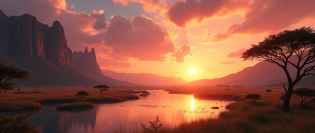 A scenic landscape of the African wilderness, a beautiful sunrise over a tranquil lake, peaches on one side of the scene, dramatic cinematic lighting, majestic rock formations, no animals or evil, breathtaking view, extreme detail, (best quality, 4k, 8k, high definition, masterpiece: 1.2), extreme detail, (realistic, realistic, photorealistic: 1.37), dramatic lighting, cinematic composition Pixar style close to the Lion King animation The land area is larger than the lake Trees and rocks Attention to precise theatrical perspective High quality on the scale of theatrical design Clear details Greek character dominates the place