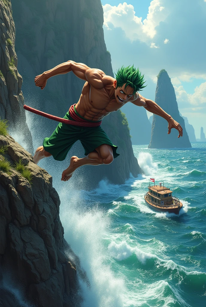 Zoro jumping off a boat off a cliff