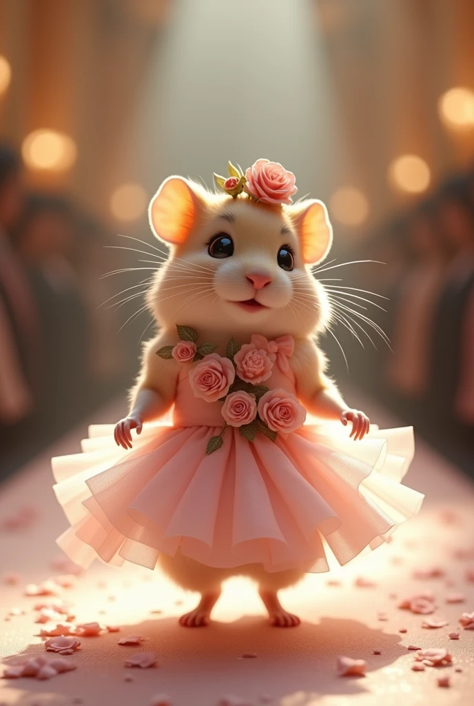 A beautiful Hamsters wearing bellerina dress with roses walking down the runaway at a fashion show,