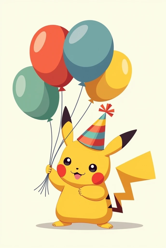 Pikachu in vector, illustrated, holding balloons and wearing birthday hat, no 3d effects