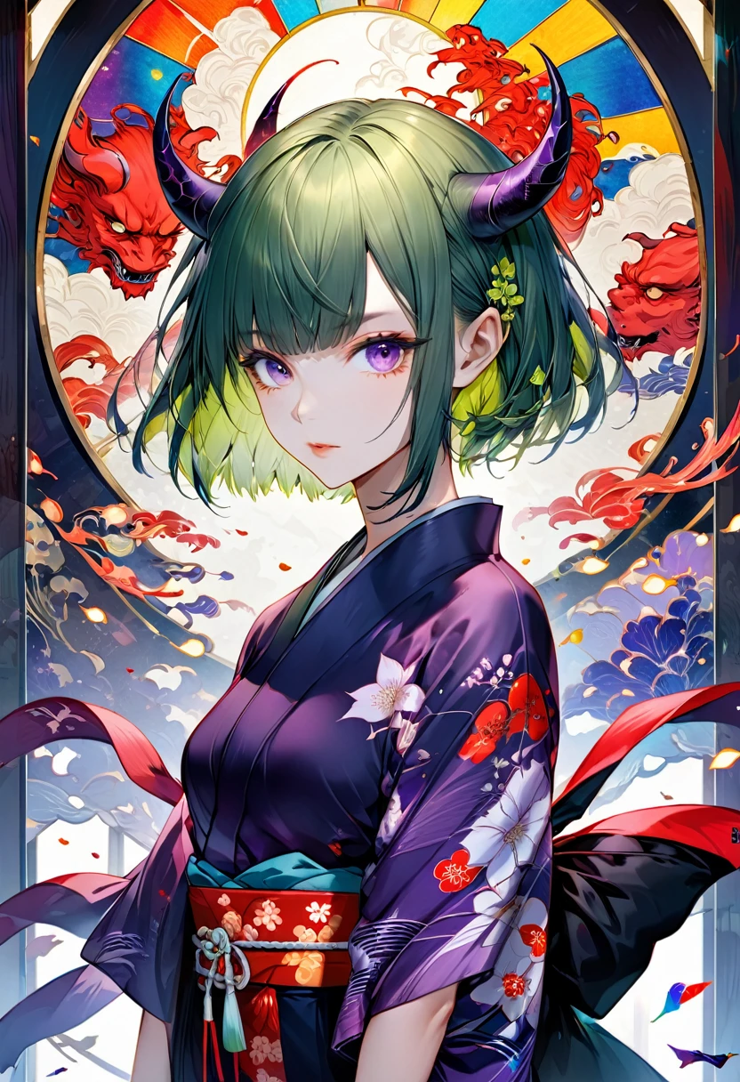 Ukiyo-e, Japanese painting, woodblock print, Beautiful woman, Wearing colorful open-necked kimonos, Background stained glass, Conceptual installation art, (Super detailed, The absolute solution, Highest quality:1.3), 2.5D, delicate and dynamic, artistic, Hyper, Graphics CG Digital Art、Green Hair、Purple Eyes、short hair、whole body、front、Two Demon Horns
