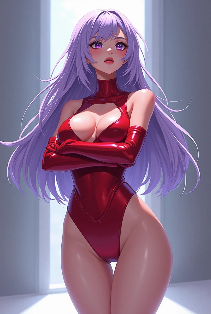 Gray Hair(purple)、The eyebrows are thin、Small height、Big eyes、、Fair skin、Large developed chest、glamorous、very large chest、Young face、The legs are thin.、Head layer cut、There are bangs、lovely、The eyes are large、No cloth on the abdomen、Anime Style、Chest is very developed、Chest is emphasized、Fabric of the clothes is thin、Thin abdominal muscles、Red armor、Red combat uniform、deep red、Crimson is precious、Pale white、Pale red、Curl inwards towards the ends of the hair、Bangs are rather long、Parted on the left、Hair in the back、It is covering the forehead、White boots、Hair parted in the back、Bust 100cm、Abdomen 57cm、Waist 85cm、8k,High chroma, abstract, Edge emphasis, Hip emphasis、、Looking up、Groin、Arms crossed、Yukine Chris、gun