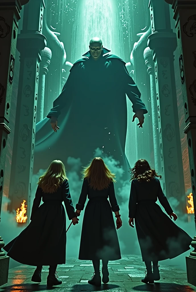 create an image where hermione granger is, Luna Lovegood and Ginny Weasley in a fight against Lord Voldemort in the middle of the Chamber of Secrets