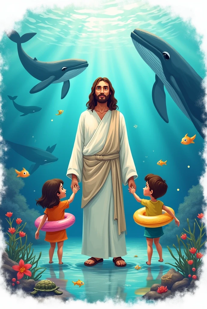 Create a themed shirt design : Jesus our slave-life.
Put Jesus in drawing, dress without glasses, and 2 children with floats, I want them in the sea, put whale, turtle and fish.
I want a blended background I want Jesus and the children as a cartoon