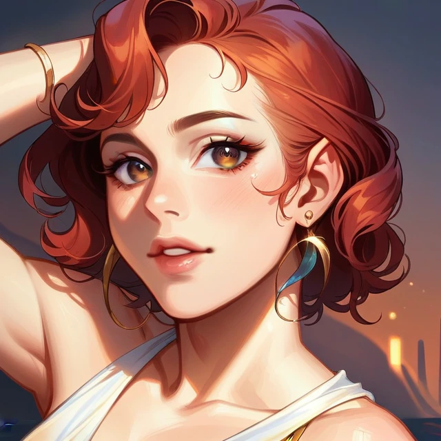A beautiful young elf, dressed in an elegant bright multi-colored dress, long and pompous. She is sitting on the shore of a magical lake with crystal clear waters... your feet are in the water. Against the backdrop of a beautiful sunset that highlights the figure of the elf and her beautiful face., You can also see an elven palace that seems to be made of glass under the reflection of sunlight..., the image evokes a couple, tranquility and beauty, hyperdetailed, luz outfit, Real lights and shadows.
