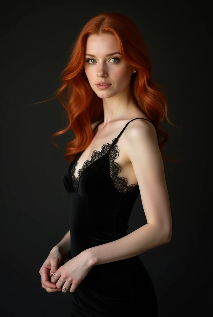 Redhead woman in black prom dress,vertical body image