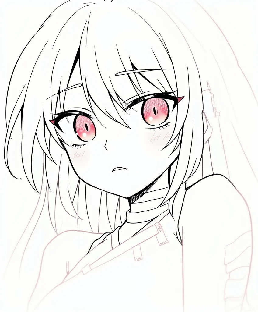 anime girl, with long hair, medium-large pink eyes, black clothes and a bandage on the neck and arm, and a little covered in blood, because she is a murderer.