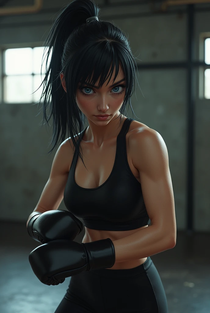 Black haired woman, intimidating blue eyes, she has very white skin, she wears black workout clothes. She is training box, fully concentrated and spontaneous.
