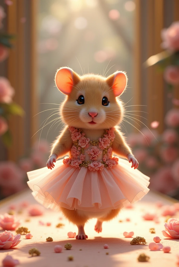 A beautiful Hamsters wearing  bellerina dress with roses walking down the runaway at a fashion show,
