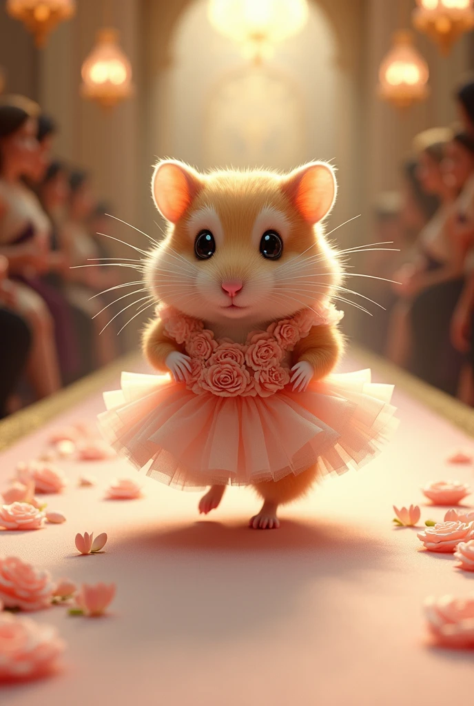 A beautiful Hamsters wearing bellerina dress with roses walking down the runaway at a fashion show,