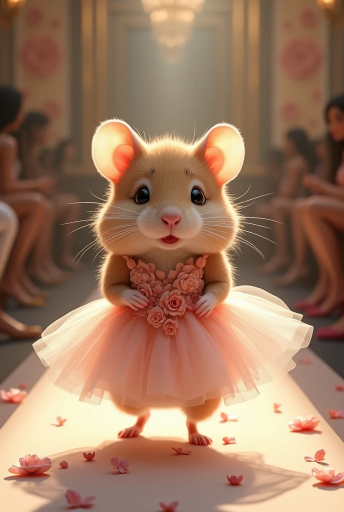 A beautiful Hamsters wearing bellerina dress with roses walking down the runaway at a fashion show,