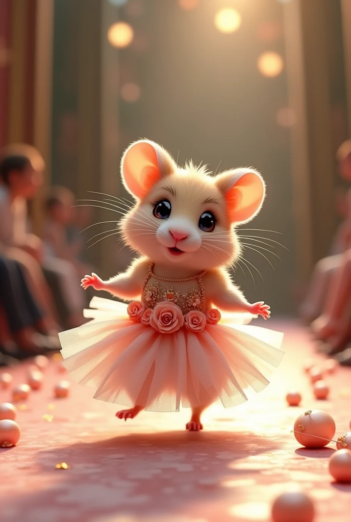 A beautiful Hamsters wearing bellerina dress with roses walking down the runaway at a fashion show,
