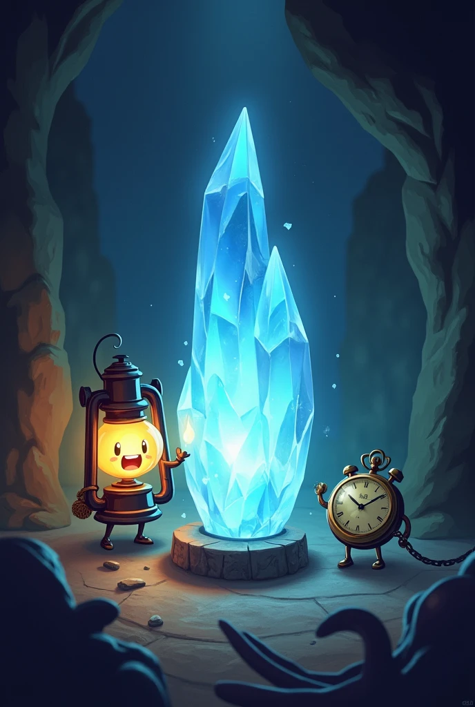  A dark background with a slight glow that imitates the light of an ancient temple.
Main elements:
Crystal of Dawn: Bright and in the center of the cover, with rays of light emanating from it.
Lumi the Lantern: On the left, illuminating the glass with its light, showing their excitement and determination.
Tick the Pocket Watch: On the right, with an expression of warning or concentration, perhaps with its second hand moving.
the Clip: In the lower right corner, trying to grab the glass, with an expression of greed or determination.