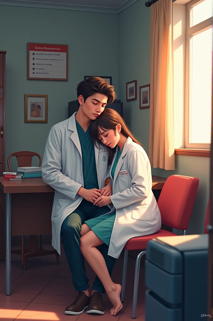Make a image of a room Where a boy give his head in his girlfriend's lap..
Both are doctor..
The room is the office room o club named medicine club..
There is a table, some chair, a freeze, a wardrobe, a small bed with some book, there is a board Where club president and general secretarys name Written.. Present president name is Jahedul Islam