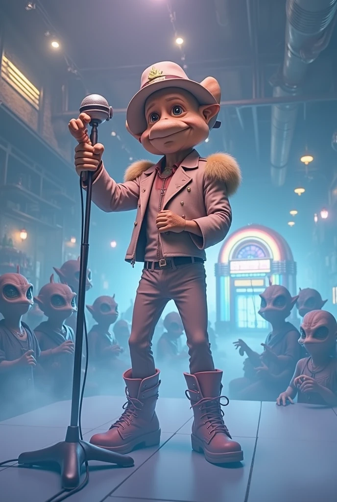 I want the character in the image I suggested in a cantina, with a jukebox, Singing . Let the image be in 8k quality