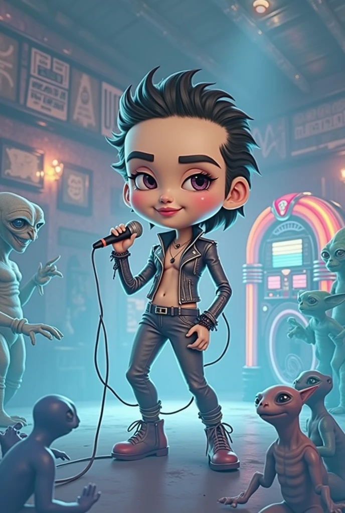 I want the character in the image I suggested in a cantina, with a jukebox, Singing . Let the image be in 8k quality