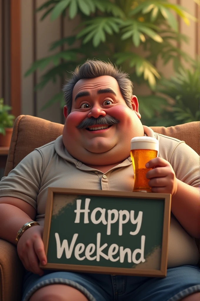 Create the image of a chubby mature man with a mustache, drinking beer and a sign that says happy weekend