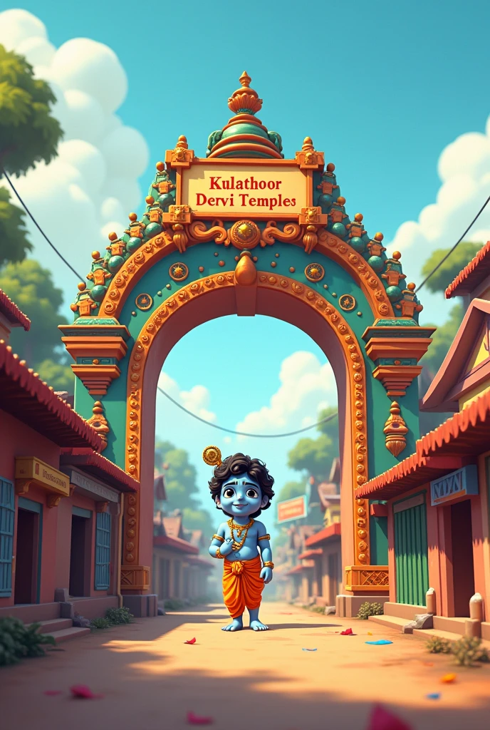 A temple arch is in a village and write temple name in the arch board KULATHOOR DEVI TEMPLE and a cute little cartoon krishna is standing in the centre of the arch on hand in his beside of stomach and other hand is showing a hai symbol a talking shaped text box