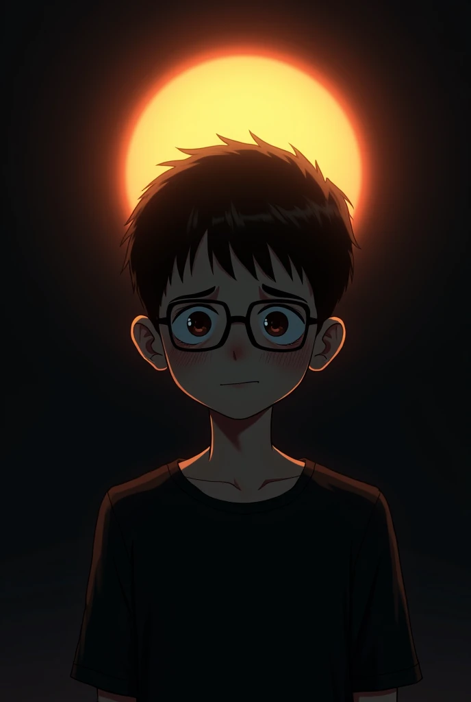 Boy with glasses with black background with sun behind him and he is sad and his face is hidden and a young boy and black shirt and can't see boy face

