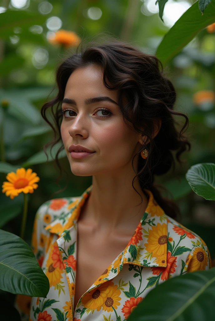 A Brazilian woman in a lush tropical garden, wearing an open shirt with a floral print, with a close-up capturing the harmonious beauty between her breasts and the natural flowers, showing off your natural charm and outgoing personality.