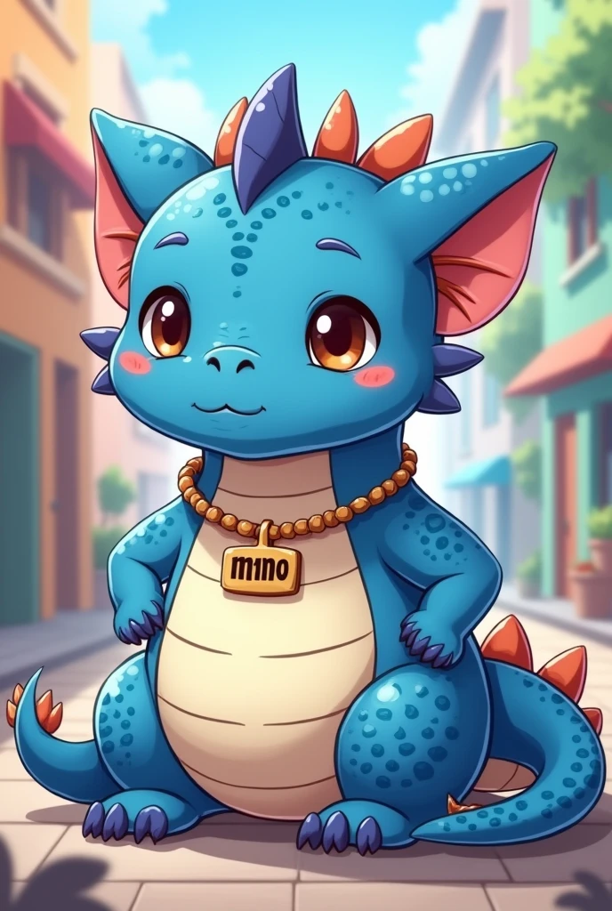 Create a cute, fat, blue and white dragon mascot sitting in an anime cartoon image. It looks like a cute cat. It is a png image without horns. It has a necklace with the word Mimo hanging on it. It is a short, round body. It is dressed in a gang style.