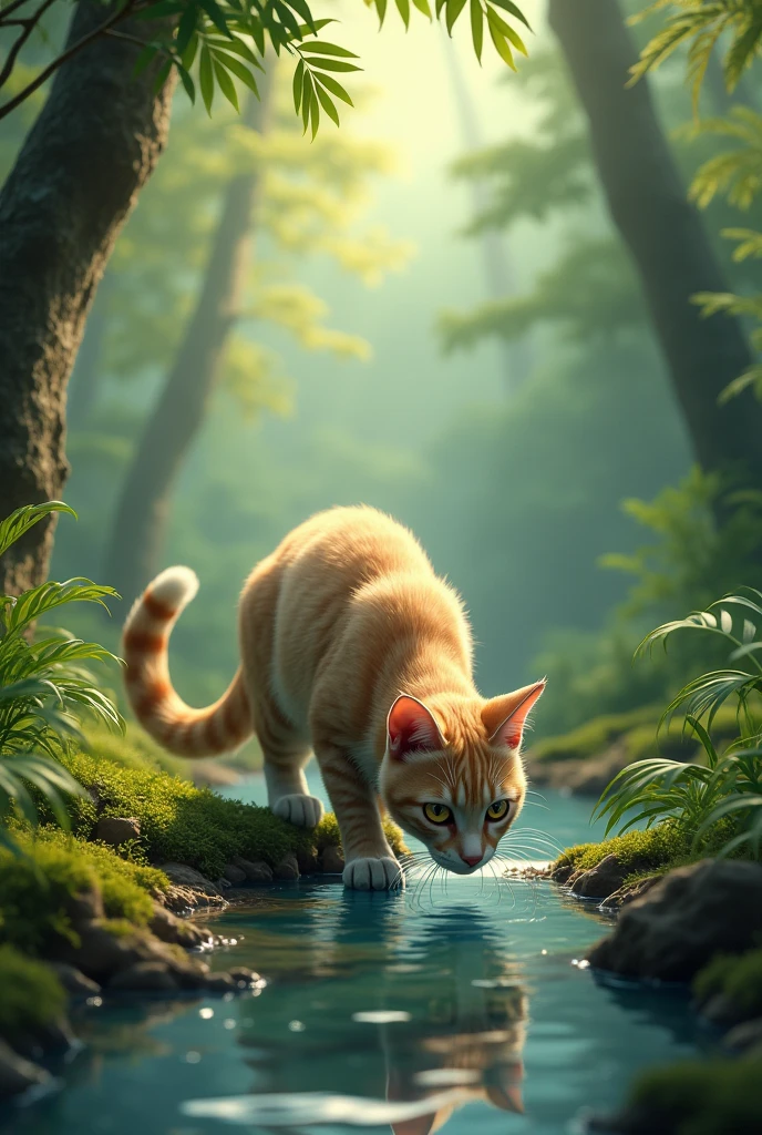 A cat is drinking water in the forest.