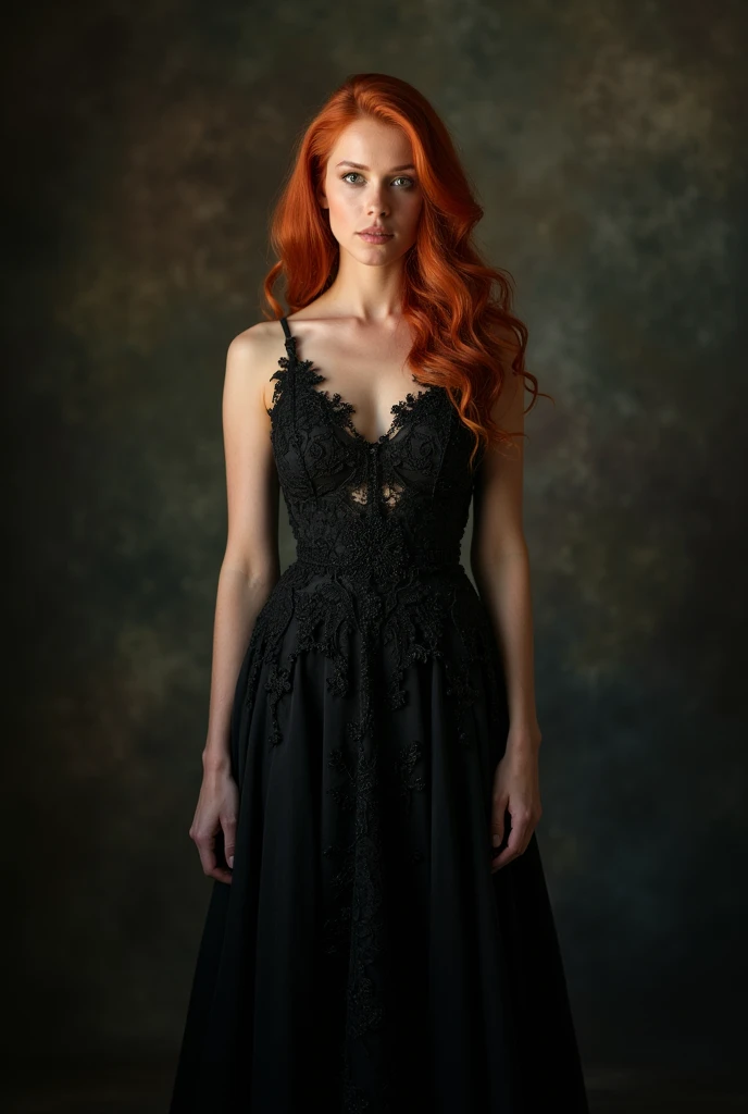 Redhead woman in black prom dress,Full-body image