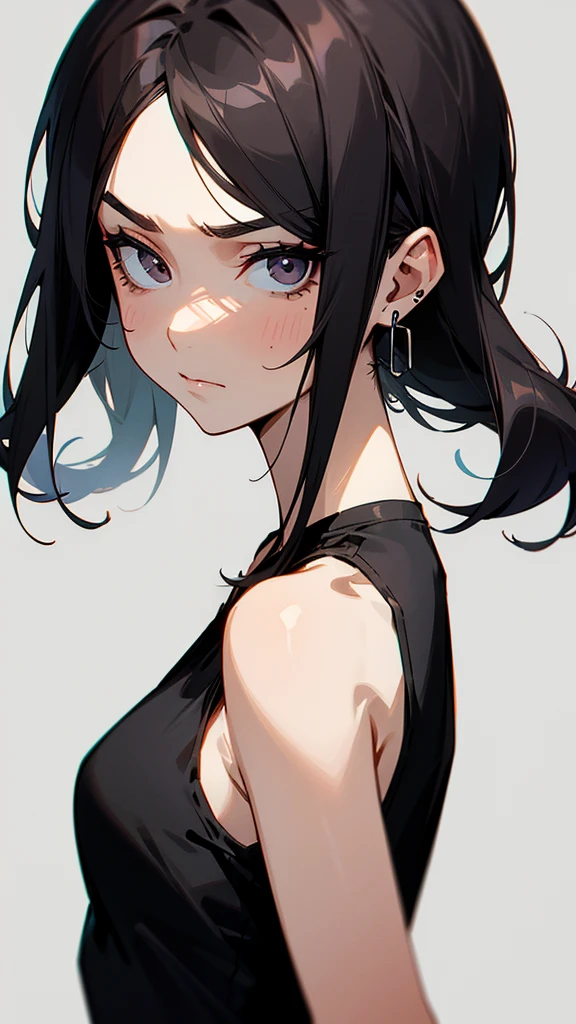 The image shows a woman in a black tank top with a neutral expression on her face. She has dark hair, dark eyes, and is wearing earrings.