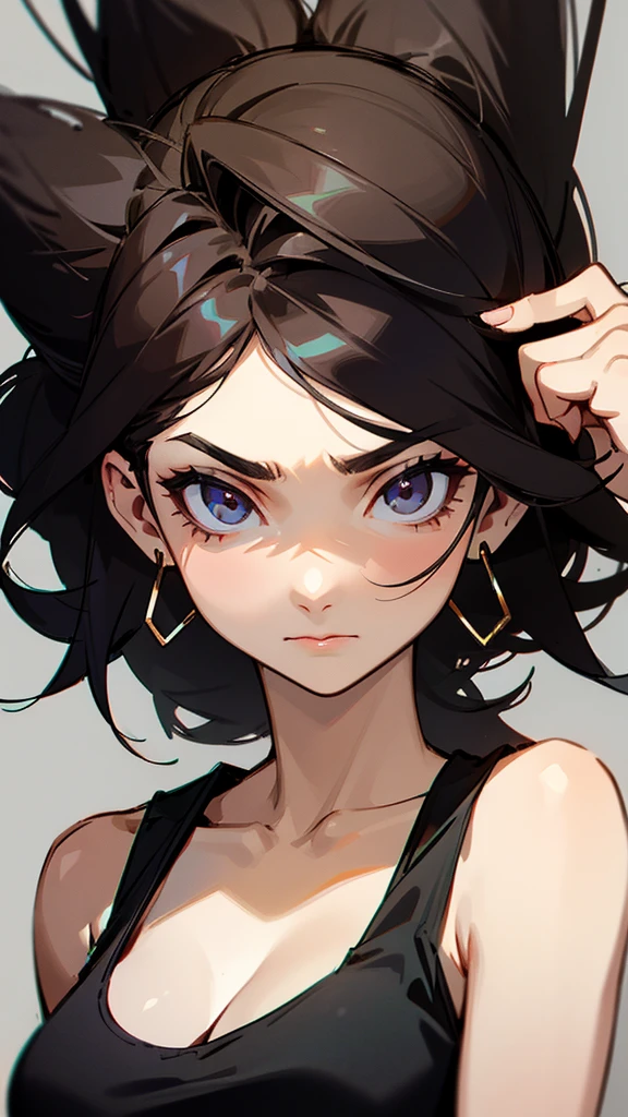 The image shows a woman in a black tank top with a neutral expression on her face. She has dark hair, dark eyes, and is wearing earrings.